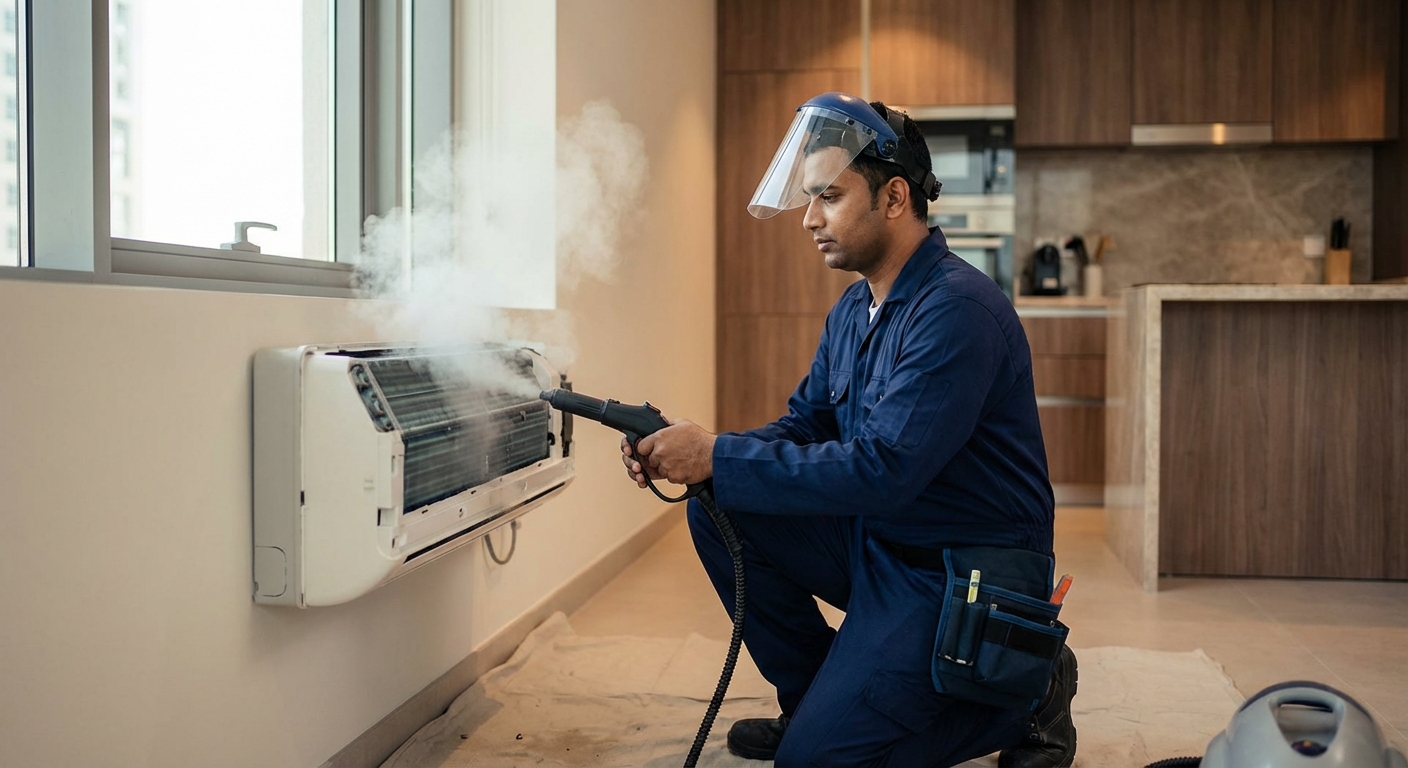 Technician deep cleaning AC coils