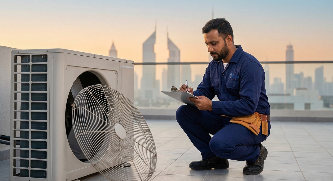 Technician performing scheduled AC maintenance