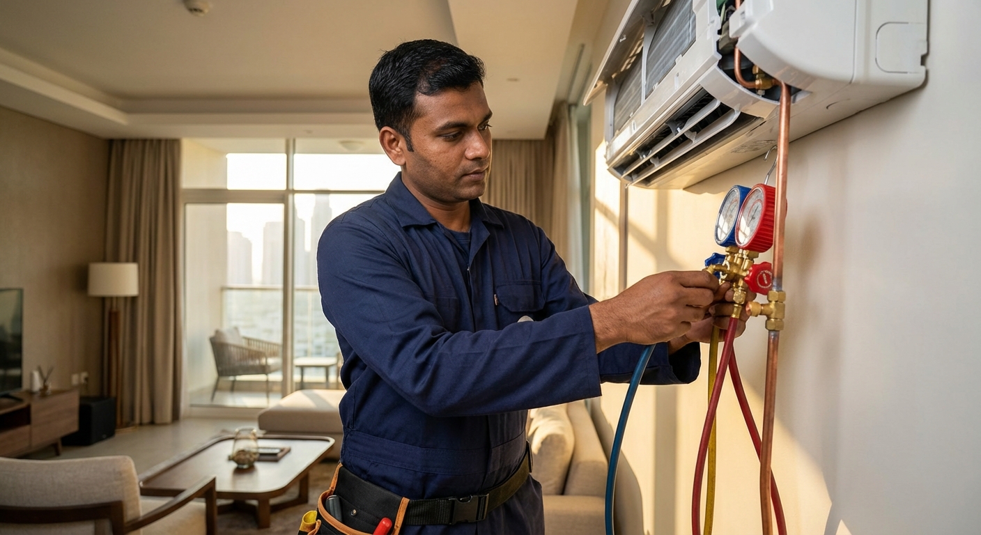Technician diagnosing an AC unit