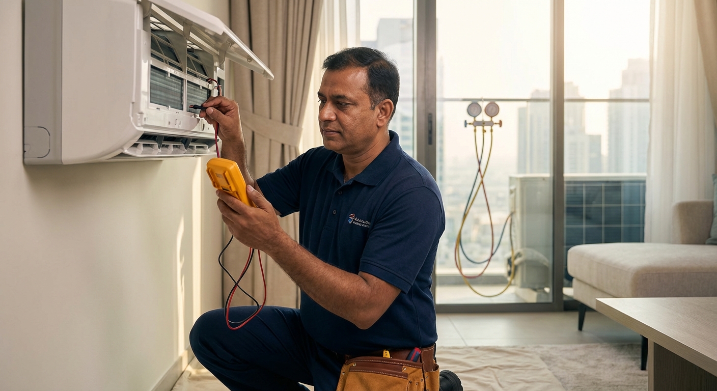 Polar Pulse technician diagnosing an AC unit with a multimeter in a Dubai apartment