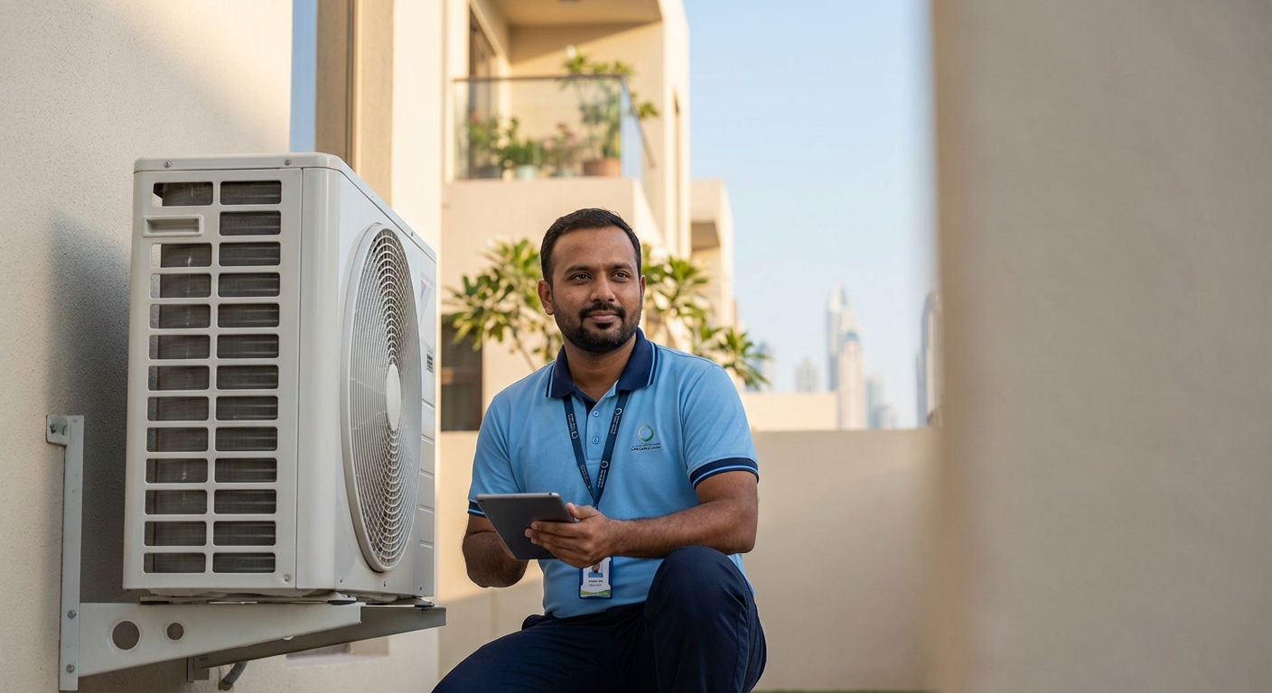 Polar Pulse technician servicing an AC condenser in Dubai
